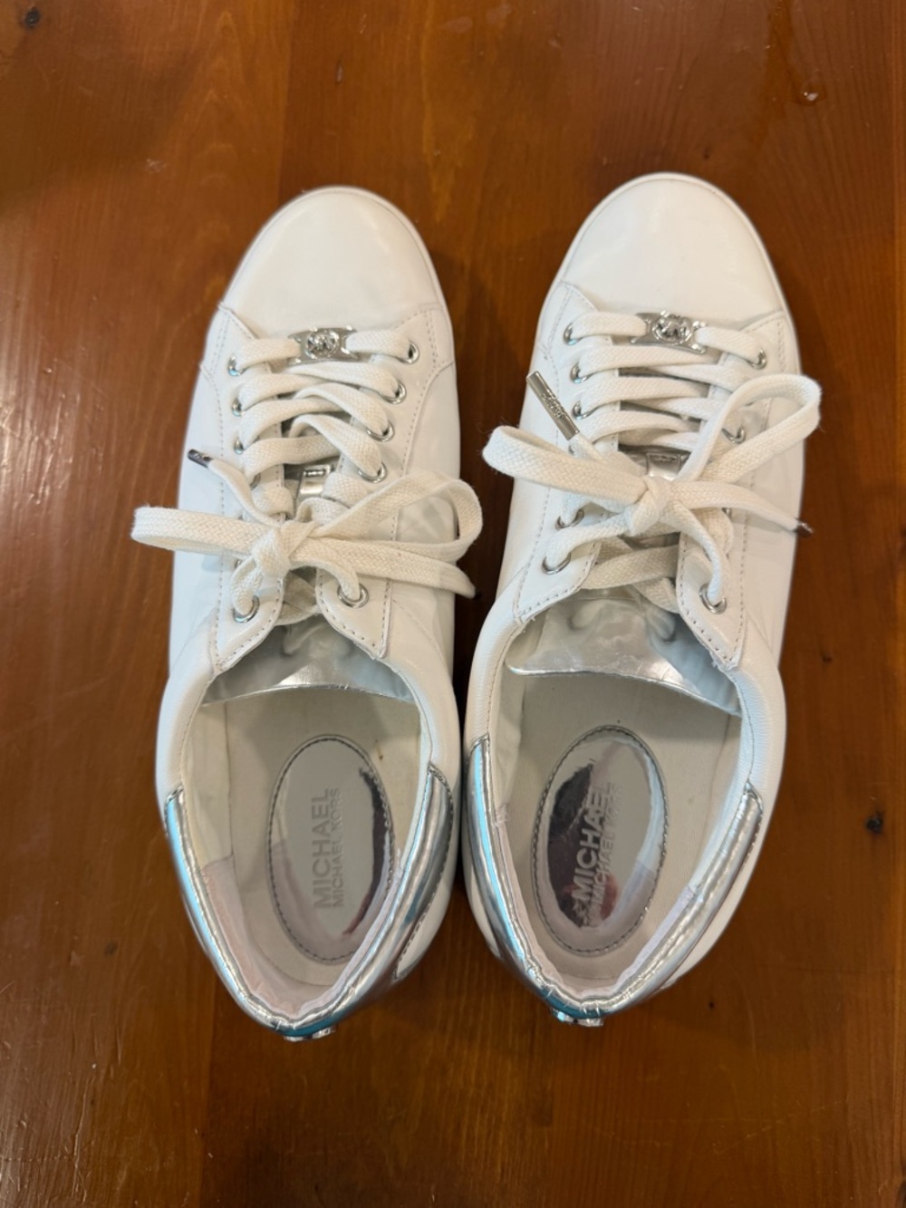 Michael Kors White Leather Sneakers with Silver Heel Detail